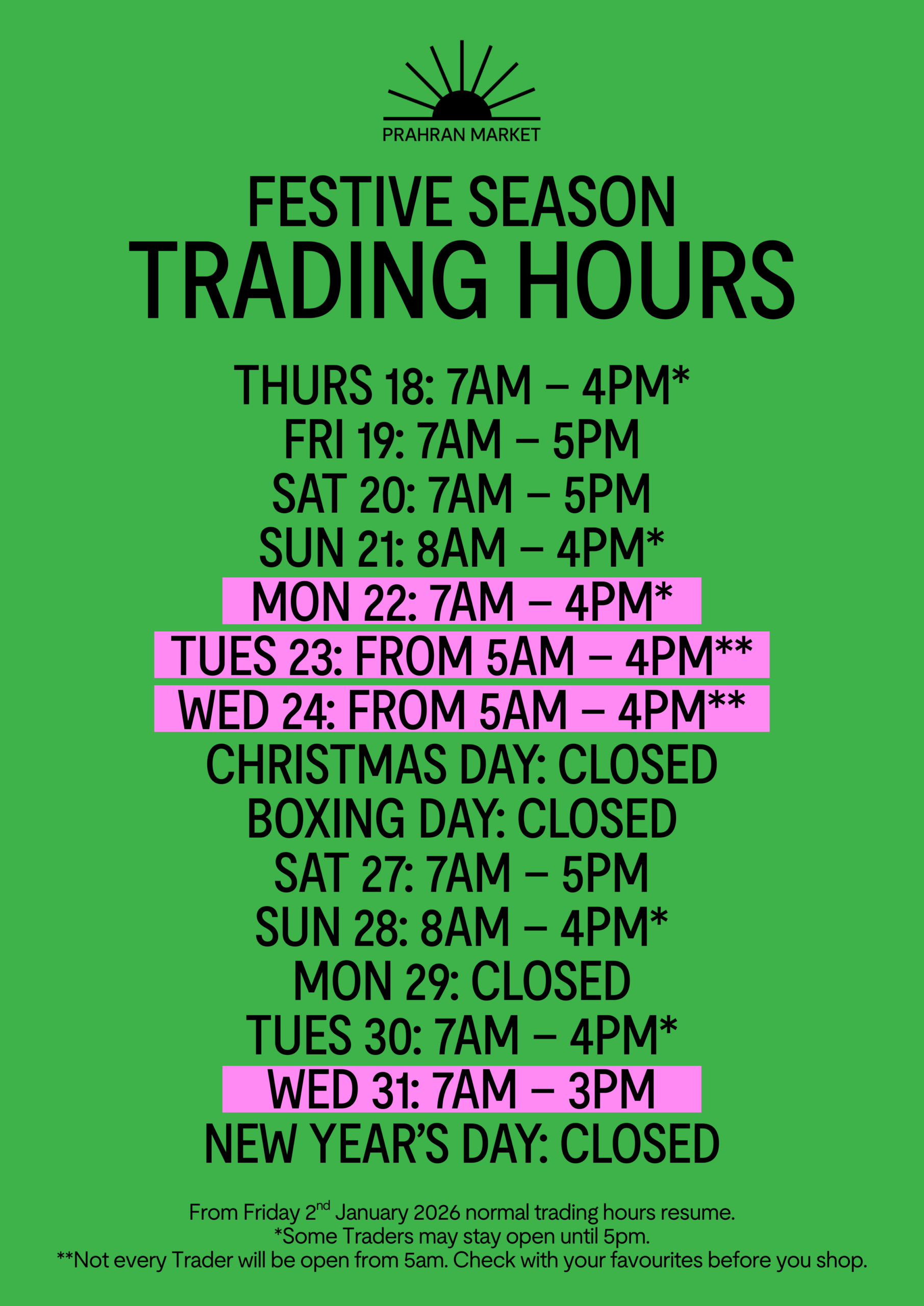 Christmas Trading Hours at Prahran Market. Trading seven days straight, including Monday 22nd December